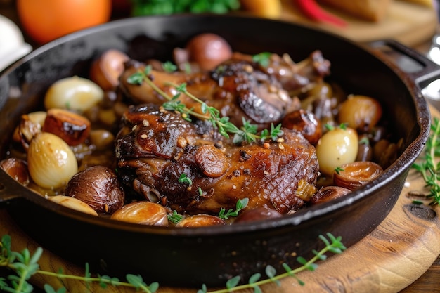 사진 프랑스 의 전통 을 즐기십시오 coq au vin 요리 의 걸작