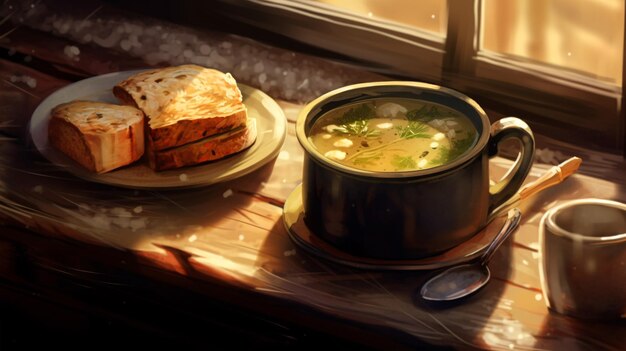 사진 따뜻한 수프와 버터 바른 빵의 아늑한 이미지로 궁극의 안락한 음식에 빠져보세요 generative ai