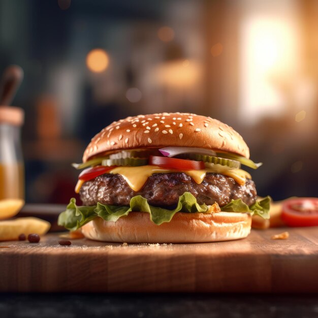 Indulge in a Juicy Burger and Golden Fries on a Rustic Wooden Plate in this Trendy Bar and Grill Perfect for a Casual Meal with Friends Generative AI