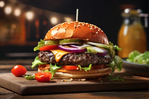 Indulge in a juicy gourmet burger with premium toppings perfectly rendered in a rustic handdraw