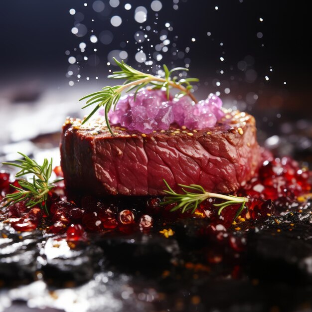 Photo indulge in the juicy harmony of beef steak surrounded by grape delight