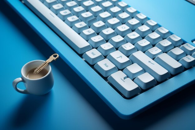 Photo indulge in a refreshing coffee break with our blue key keyboard