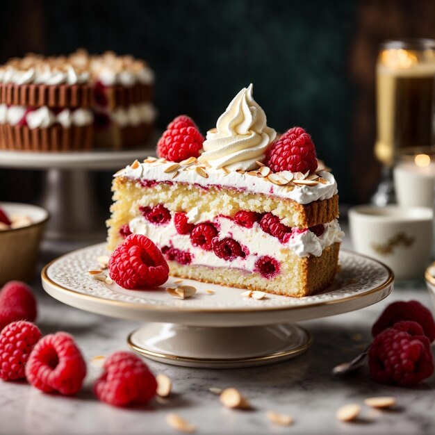 Indulge in a slice of raspberry bakewell cake with its buttery crust juicy raspberries