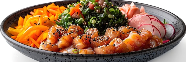 Indulge in the taste of the ocean with this vibrant poke bowl featuring a medley of seafood and