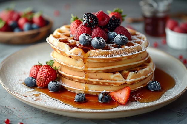 Indulge in the ultimate comfort food a generous helping of waffles with berries and shine