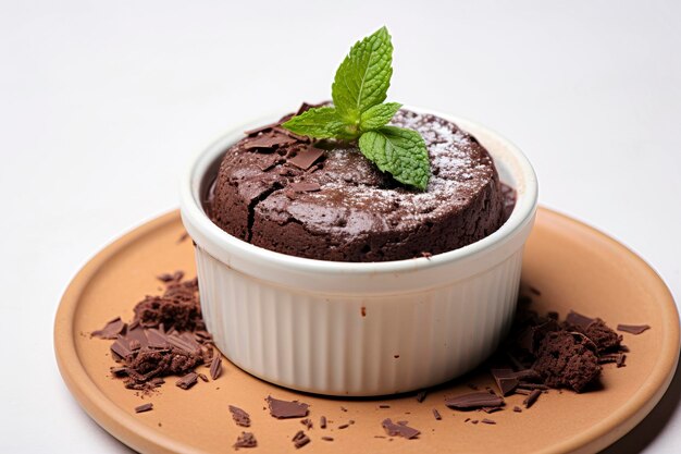 Indulge in the velvety delight of a creamy chocolate pudding against a clean white backdrop