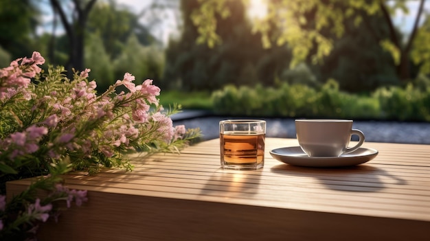 Расслабьтесь изображением чая сальвии с зелеными листьями, подаваемого на террасе.