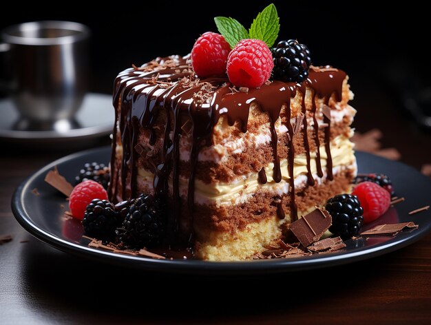 Побалуйте свои чувства крупным планом вкусного торта на черном столе