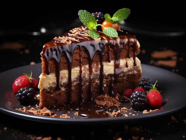 Побалуйте свои чувства крупным планом вкусного торта на черном столе