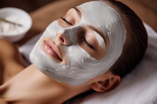 Indulgent Bliss Serene Model Embracing Spa Experience with Facial Beauty Products Mask 실존 인물이 아닌 Generative AI