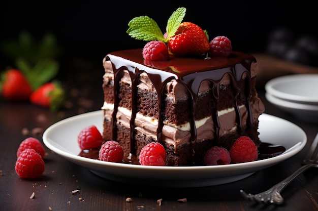 Indulgent Chocolate Cake with Fresh Strawberries Generative Ai