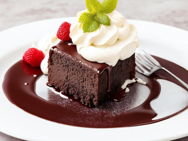 Нежный шоколадный десерт на тарелке с взбитым сливком.