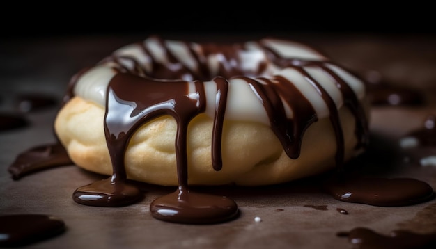 Indulgent chocolate dessert on wooden plate indoors generated by artificial intelligence