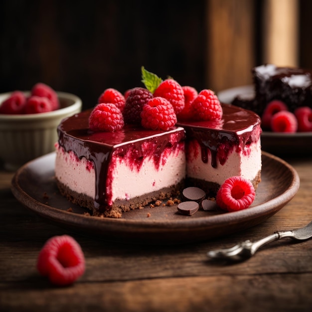 Indulgent chocolate raspberry cheesecake on rustic wood table durian