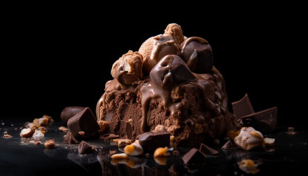 인공 지능에 의해 생성된 접시에 있는 다크 초콜릿 퍼지 슬라이스