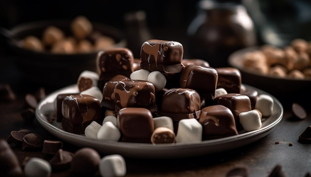 Indulgent dark chocolate truffles on rustic wood table generated by artificial intelligence