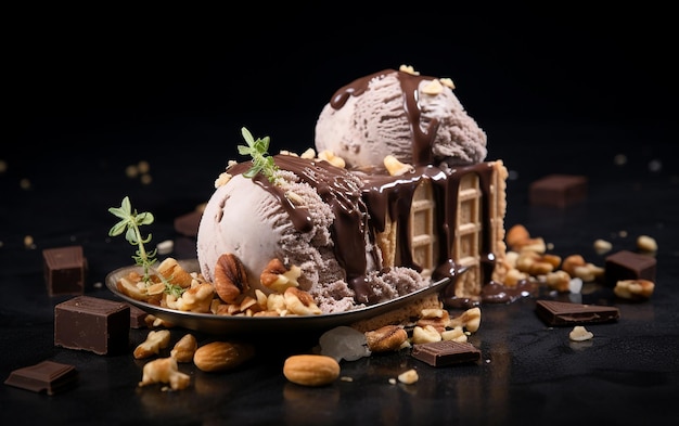 Photo indulgent delight side view of chocolate ice cream with nuts and wafer
