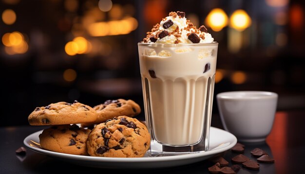 Indulgent dessert chocolate chip cookie coffee whipped cream heavenly generated by artificial intelligence