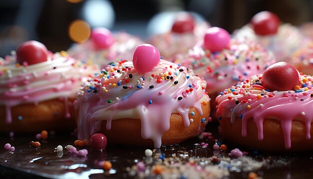 Photo indulgent dessert plate with vibrant colors and homemade sweet treats generated by artificial intelligence