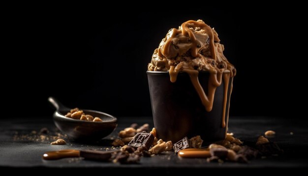 Indulgent dessert on rustic table with chocolate generated by artificial intelligence