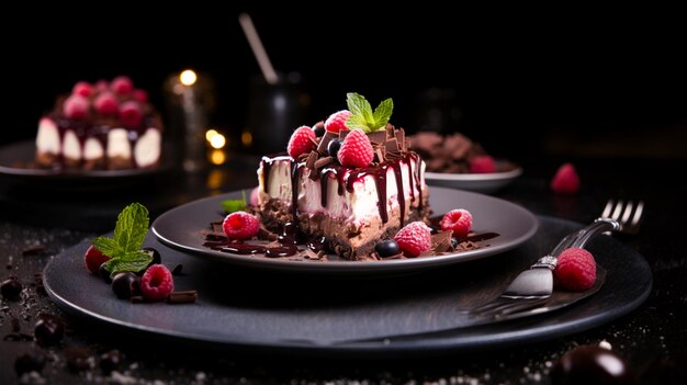 Photo indulgent gourmet chocolate cheesecake with fresh raspberry