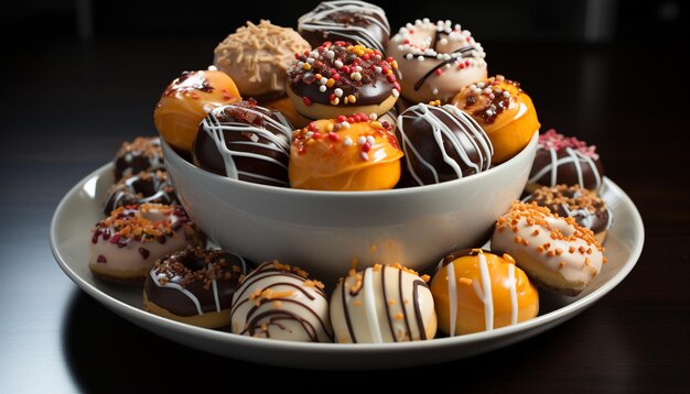 Indulgent gourmet dessert chocolate donut with strawberry icing generated by AI