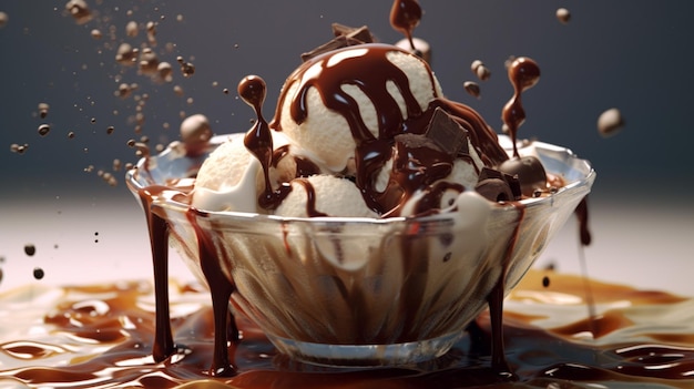 Indulgent gourmet dessert chocolate ice cream with whipped cream and sauce generated by artificial intelligence