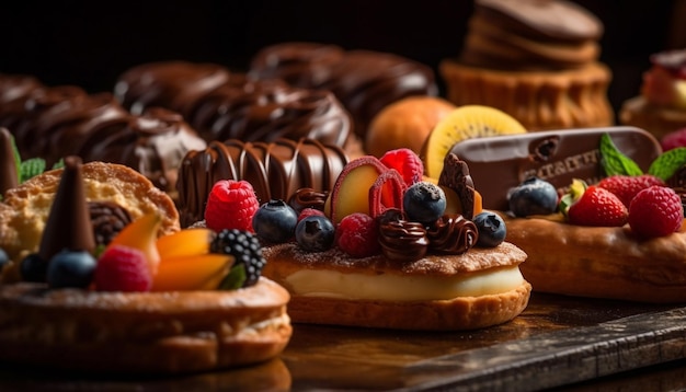 Foto indulgente dessert gourmet una tentazione di cheesecake ai frutti di bosco multicolore generata dall'intelligenza artificiale