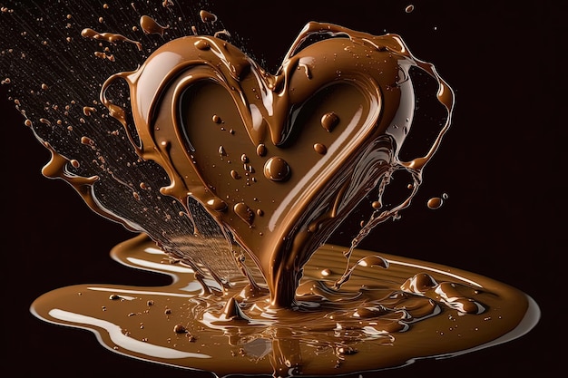 愛と耽溺のエッセンスを表現した、贅沢なハート型のリキッド チョコレート プール 濃厚でビロードのようなチョコレートがハート型の容器を満たし、わずかにあふれ出します AI
