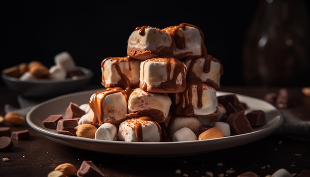 Indulgent homemade chocolate fudge stack on rustic table generated by artificial intelligence