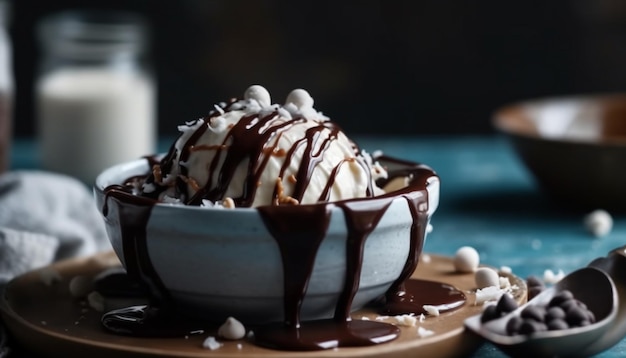 AI が生成したホイップ クリームとフルーツを添えた贅沢な自家製デザート チョコレート ブラウニー