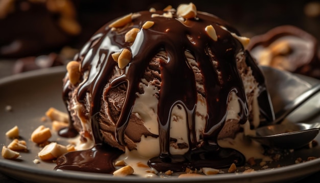 Photo indulgent homemade dessert dark chocolate fudge cake with whipped cream generated by artificial intelligence