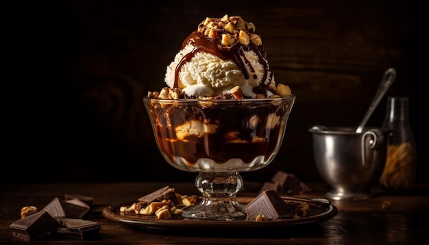 Indulgent homemade ice cream sundae on rustic table generated by AI