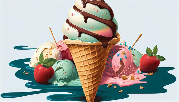 Фото Изысканный десерт из мороженого с разноцветными начинками, созданный ии