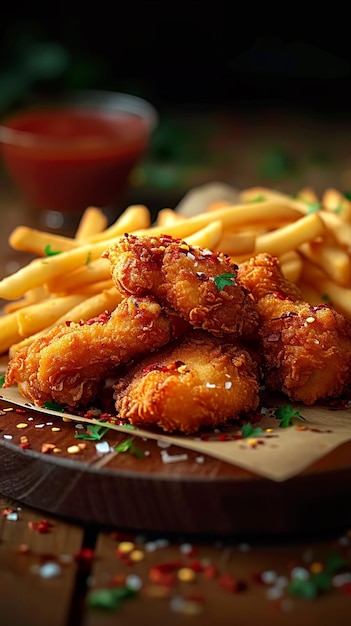 Foto pasto indulgente pollo fritto con patatine fritte e crocchette sullo sfondo mobile verticale del tavolo