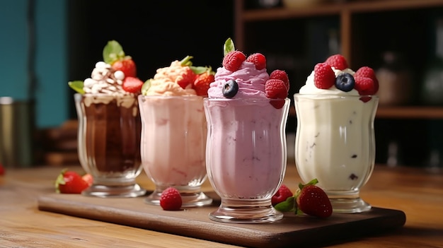 Photo indulgent milkshakes desserts sweet chocolate berry fruits background