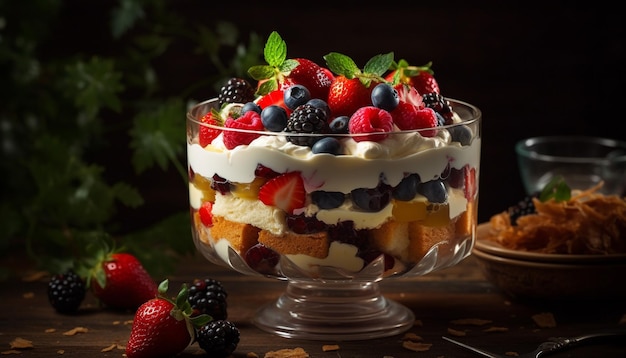 Indulgent parfait with fresh berries whipped cream and granola topping generated by AI