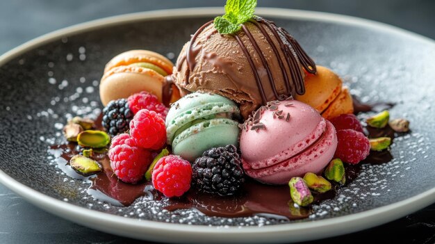 indulgent summer delight artisanal ice cream with berries macaroons pistachios and chocolate drizzle