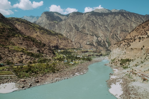 Indus river flowing through mountains in rural area of Pakistan. View from Karakoram highway.