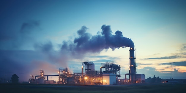 Industrial air quality station with billowing smoke at twilight