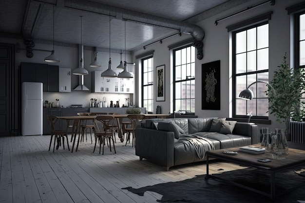 Industrial apartment with minimalist design open floor plan and sleek furnishings