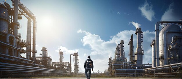 Photo industrial background on a man walking in front of a refinery in the style of terragen