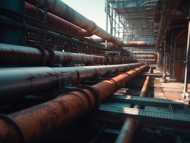 Photo industrial background steel pipelines and valves created with generative ai technology