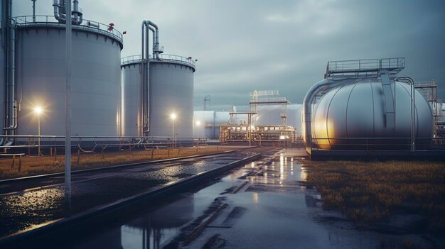 Industrial biogas plant with green storage tanks under a cloudy sky