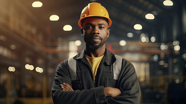 Industrial Black People Male Engineer Crossed Arms With Confidence in Hard Hat Wearing Safety Jacket Through Heavy Industry Manufacturing Factory with Various Metalworking Processes Generative Ai