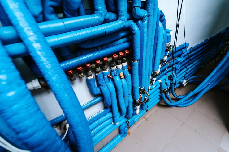 産業用青いパイプとバルブは,建物内の液体流を調節するためにHVACシステムで使用されます.