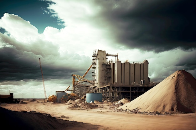 Industrial building on abandoned construction site against background of gloomy sky