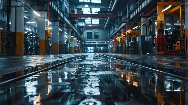 大都市の工業ビルで,機械と水が床にあります.