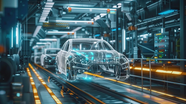 Производственное предприятие по производству промышленных автомобилей с многочисленными машинами голографическая проволочная цифровая визуализация