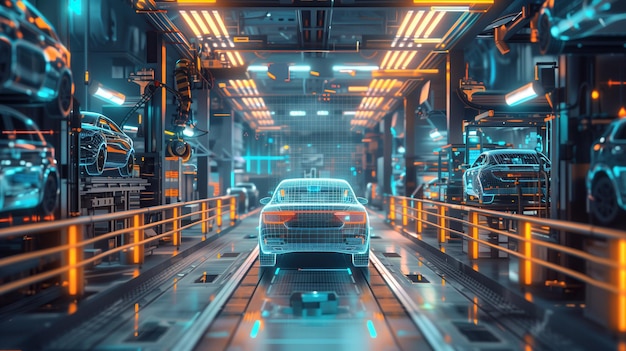 Fabrica automobilistica industriale con numerose macchine visualizzazione digitale a telaio a filo olografico